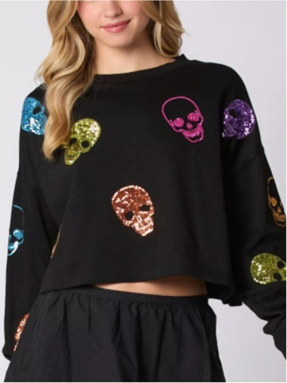 Peach love Sequin Skull Long Sleeve crop Grunge Black Sweatshirt small